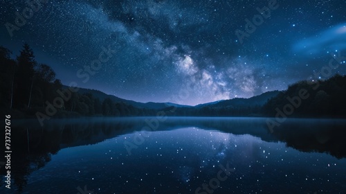Starry night over tranquil lake surrounded by majestic mountains © KrikHill