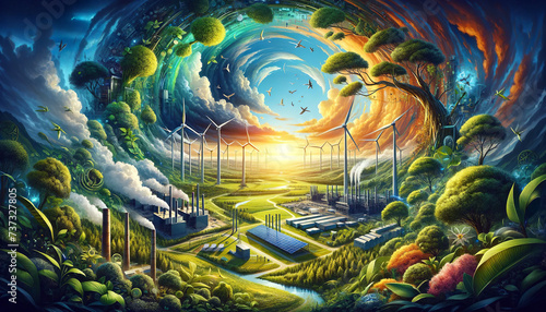 Vivid and surreal depiction of a circular landscape showing the transition from industrial pollution to renewable energy sources and vegetation. Concept of opposites. AI generated.