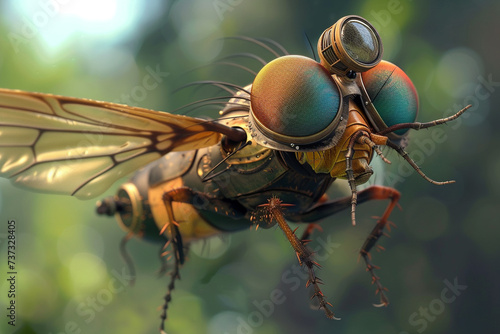 Develop a unique illustration of a 3D rendered fly taking on cartoon steampunk characteristics © pprothien
