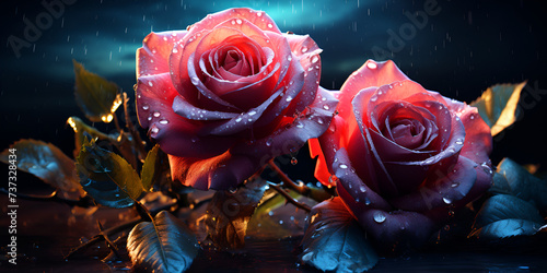 Valentine rose hearts with dew drops on red roses on a dark background 