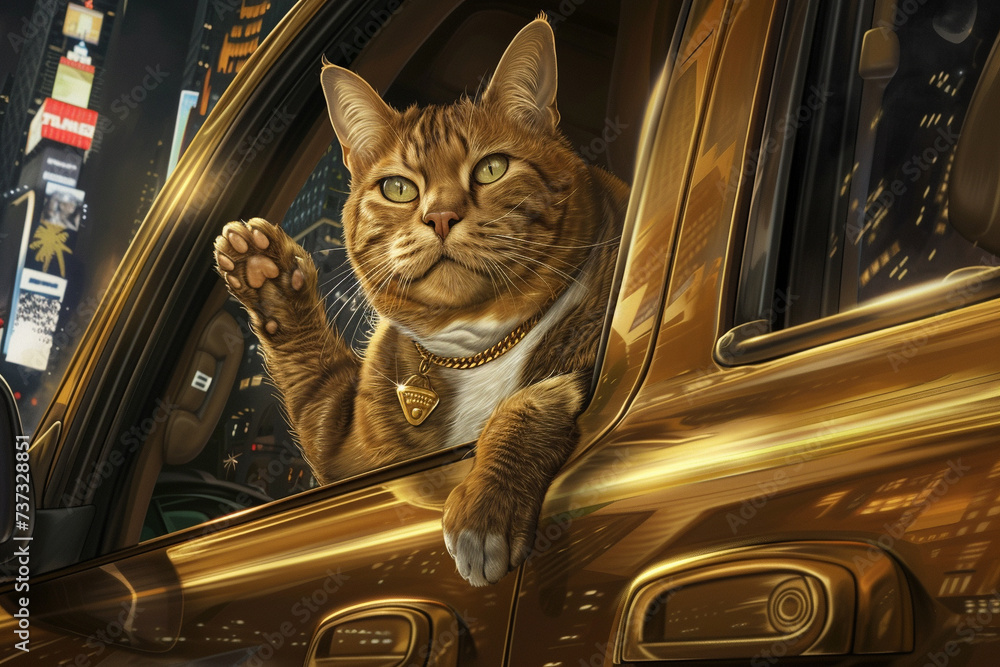 Illustrate a street wise tabby cat who suddenly became a billionaire roaming around in a golden limousine