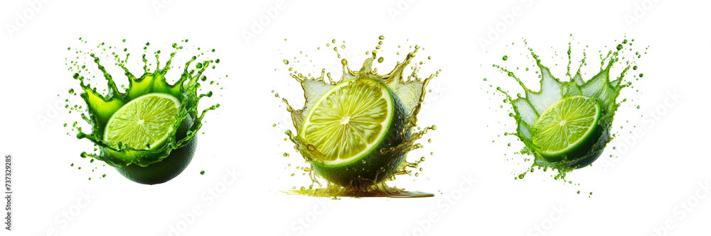 Set of lemon in juice splash in air, illustration, isolated over on transparent white background Set of lemon in juice splash in air, illustration, isolated over on transparent white background