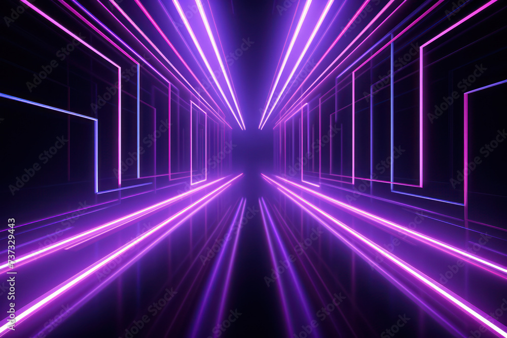 Glowing Neon Tunnel in Dark: Abstract Illustration of Futuristic Space Design with Modern Floor and Wall, Blue Wallpaper and Pink Bright Lights