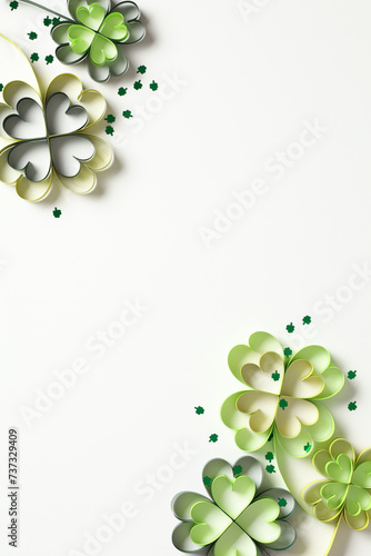 Frame of four leaf clover paper art with confetti on white vertical background. St Patrick's Day concept.