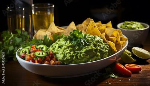 Fresh Guacamole and Salsa Served With Crispy Tortilla Chips on a Wooden Table
