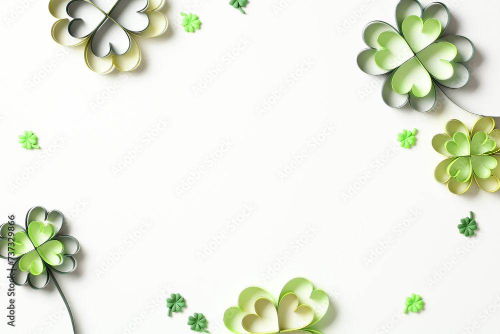 Frame of St Patrick's Day shamrock clover on white background. Flat lay, top view, copy space. - obrazy, fototapety, plakaty 