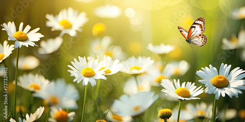 The image captures a serene scene of a sun-drenched meadow filled with white daisies, their yellow centers adding pops of color against the green foliage. A delicate butterfly with wings outstretched  © StasySin