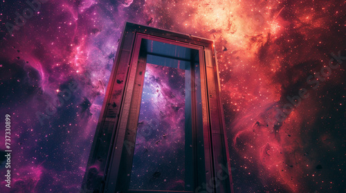 Imagine a minimalist futuristic elevator floating among twinkling star clusters in a galaxy with the destination being a pulsating multi colored portal