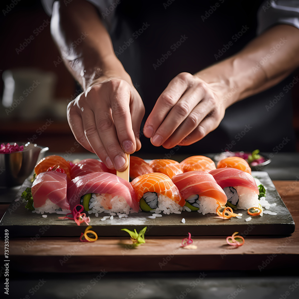 Close-up of a chefs hands preparing sushi.