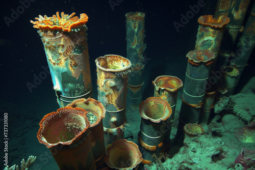 Metallic cylinder shaped marine life forms in the ocean depths