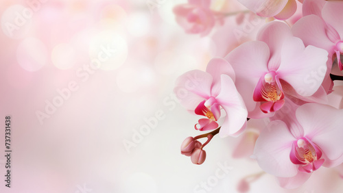 Close-up of pink orchids, flowering plant, on white and beige background with bokeh, copy space