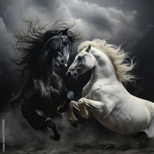 illustration of two white and grey horses biting and fighting  Generative ai