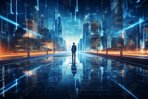 A solitary figure stands before a stunning futuristic cityscape with sharp reflections on glossy surfaces, under.