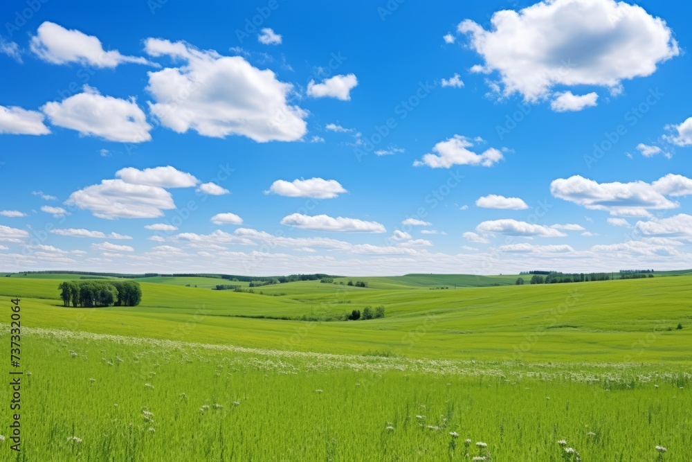 Fototapeta premium Green rolling hills under a blue sky with white clouds