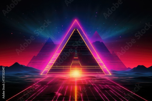 Graphic 80s style, neon power, pyramid, grid.