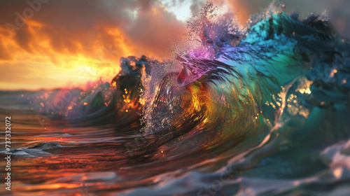Visualize an ocean wave revealing a dazzling spectrum of colors in a surreal fashion