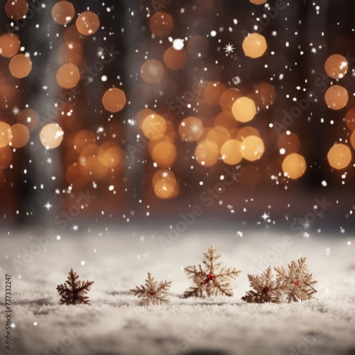 Golden snowflakes on snow with blurred lights in the background