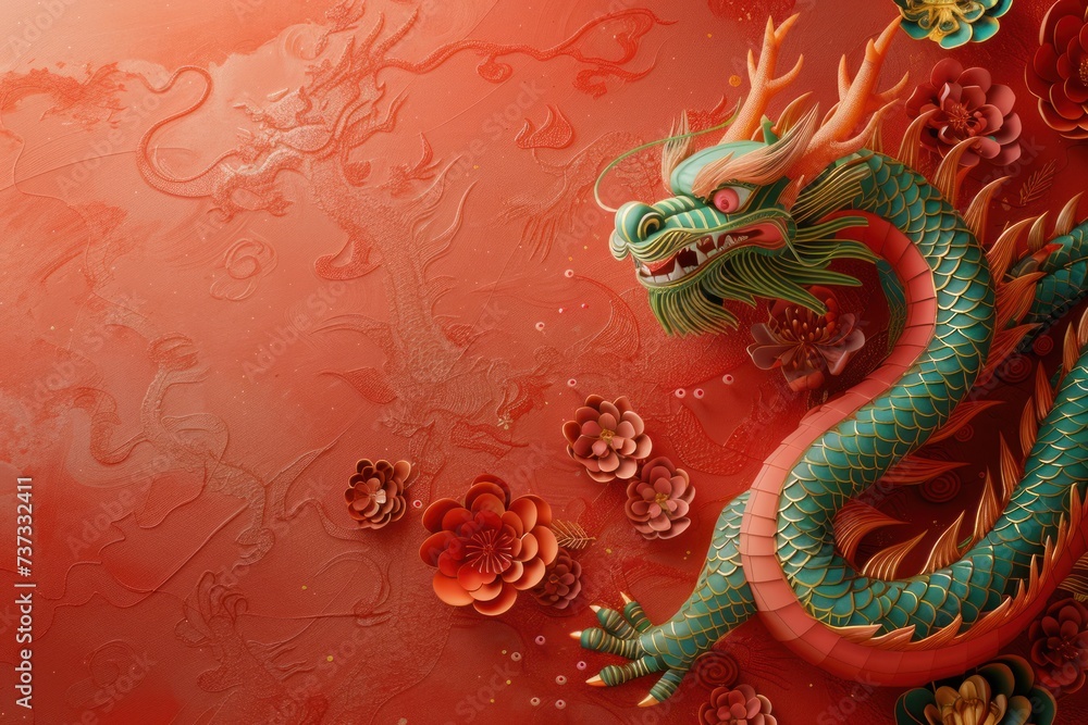 Elaborate traditional Chinese dragon art adorned with auspicious symbols and floral patterns against a textured red backdrop. Elaborate traditional Chinese dragon art adorned with auspicious symbols and floral patterns against a textured red backdrop.