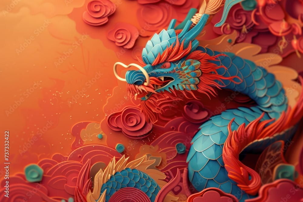 A strikingly vivid and colorful Chinese dragon illustration, weaving through floral motifs on a rich red background.