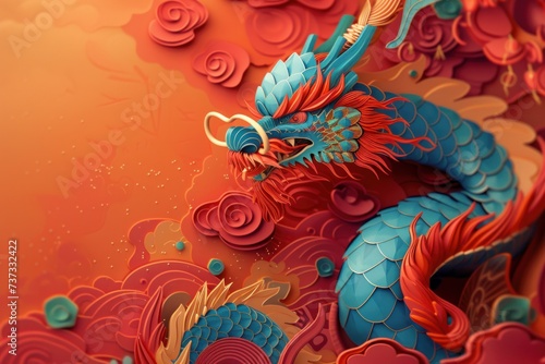 A strikingly vivid and colorful Chinese dragon illustration, weaving through floral motifs on a rich red background.