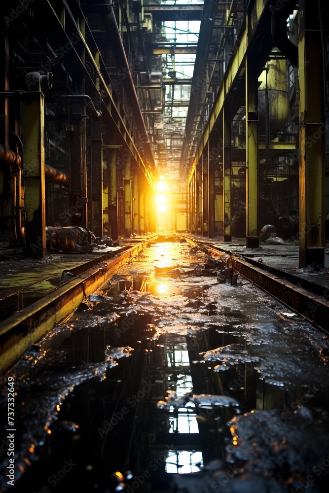 An abandoned factory building with sunlight shining through the roof