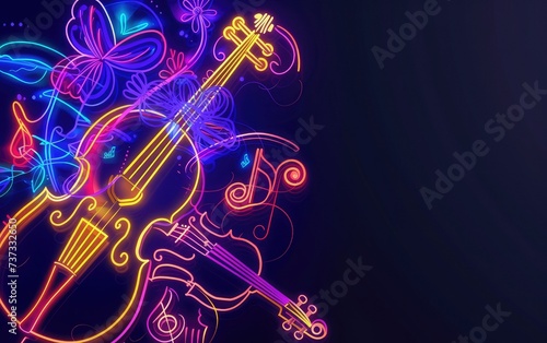 Musical instruments with a spring theme in muticolor neon lighting. photo