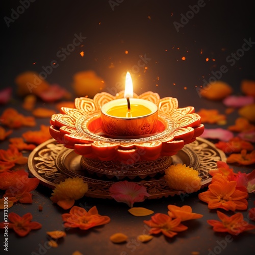 illustration of vray marigold rangoli with oil diya lamp in the midd, Generative ai