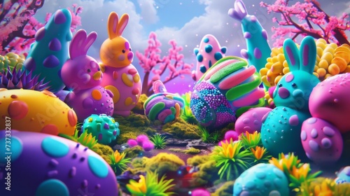 Easter colorful background with crazy eggs and cute bunny  animals  fluo  art  3d style