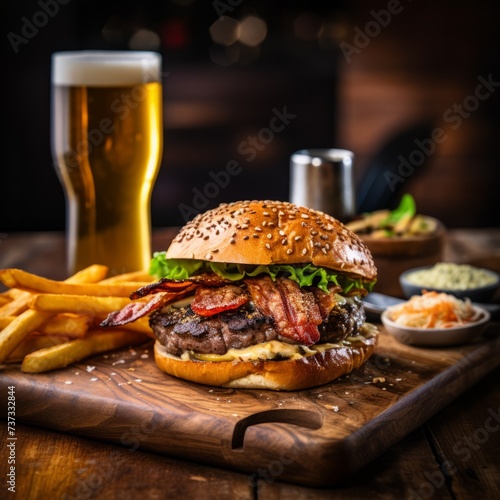 A delicious bacon cheeseburger with fries and a glass of beer