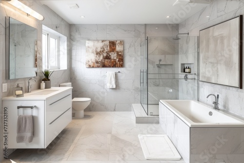 Ensuite bathroom with marble tiles and large glass shower