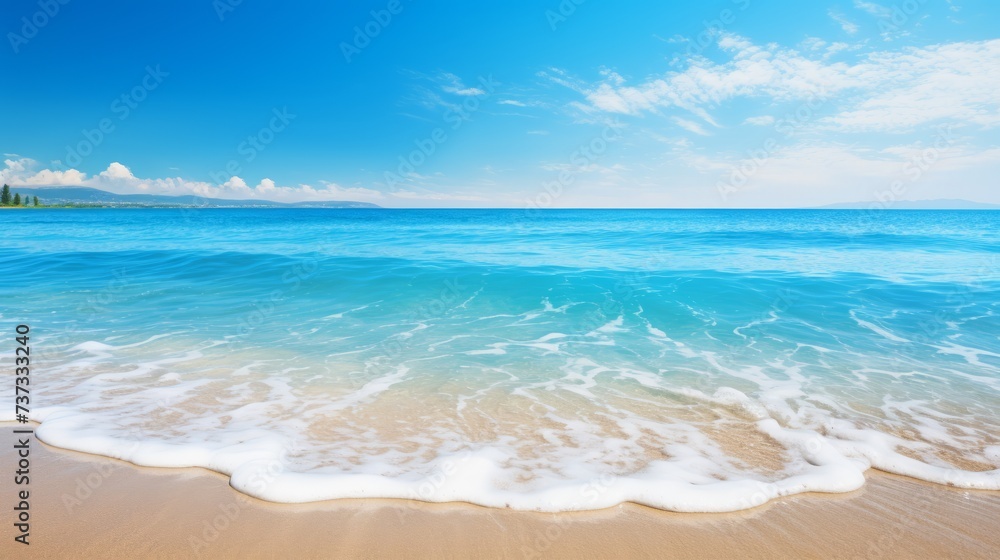 The vast expanse of the blue ocean and white waves gently lapping at the sandy shore