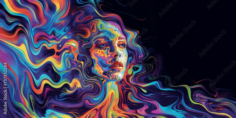  Vivid colorful  portrait of the young woman, in the style of psychedelic illustration.