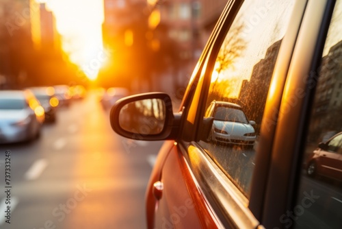 Car side mirror reflecting the sun and the cars on the road © Adobe Contributor