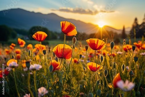 Field of red poppies at sunset