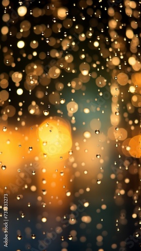 Raindrops on a window with blurred city lights in the background