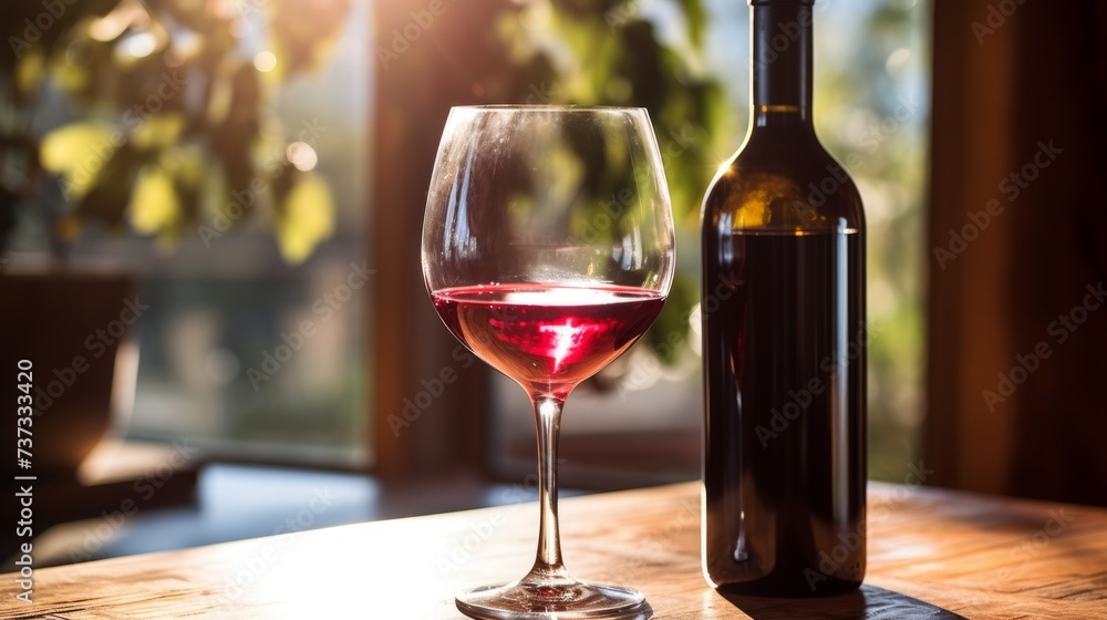 Red wine in glass and bottle on wooden table with blurred background of vineyard
