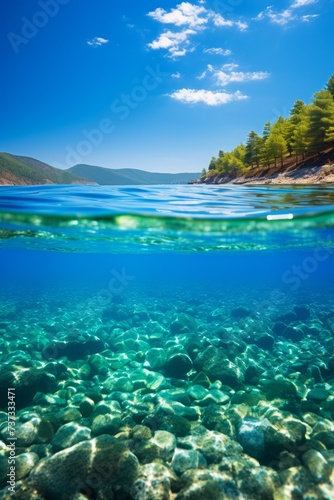 Half underwater split view of a rocky beach with trees and blue sky