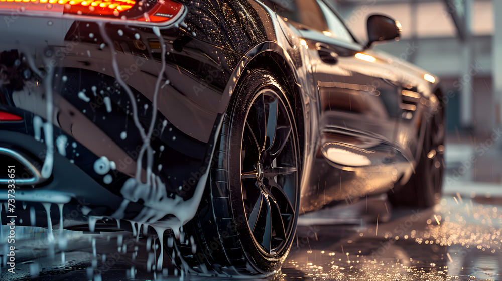 Professional car wash featuring a black sports car being shampooed