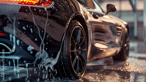 Professional car wash featuring a black sports car being shampooed, captured in a close-up shot © Delques