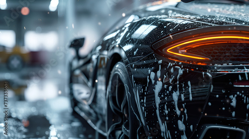 Professional car wash featuring a black sports car being shampooed, captured in a close-up shot