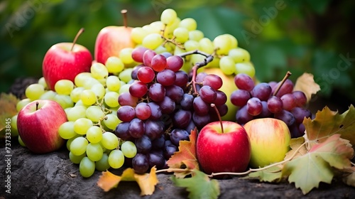 A variety of fruits including apples and grapes are arranged on a wooden table.