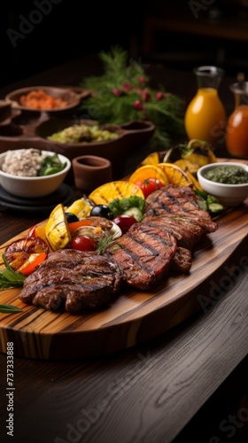 A wooden platter with grilled steak and vegetables