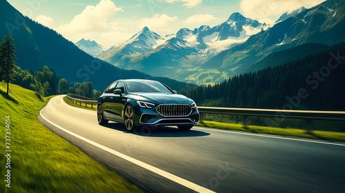Luxury sedan driving on a scenic mountain road with panoramic views of alpine peaks and lush green forests in a tranquil summer travel adventure photo