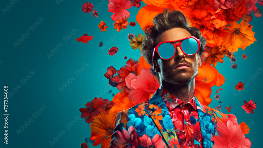 Modern pop art portrait of handsome man in red sunglasses wearing colorful blazer on minimal floral background. Contemporary drawing painting poster of stylish fashion people in vintage retro style