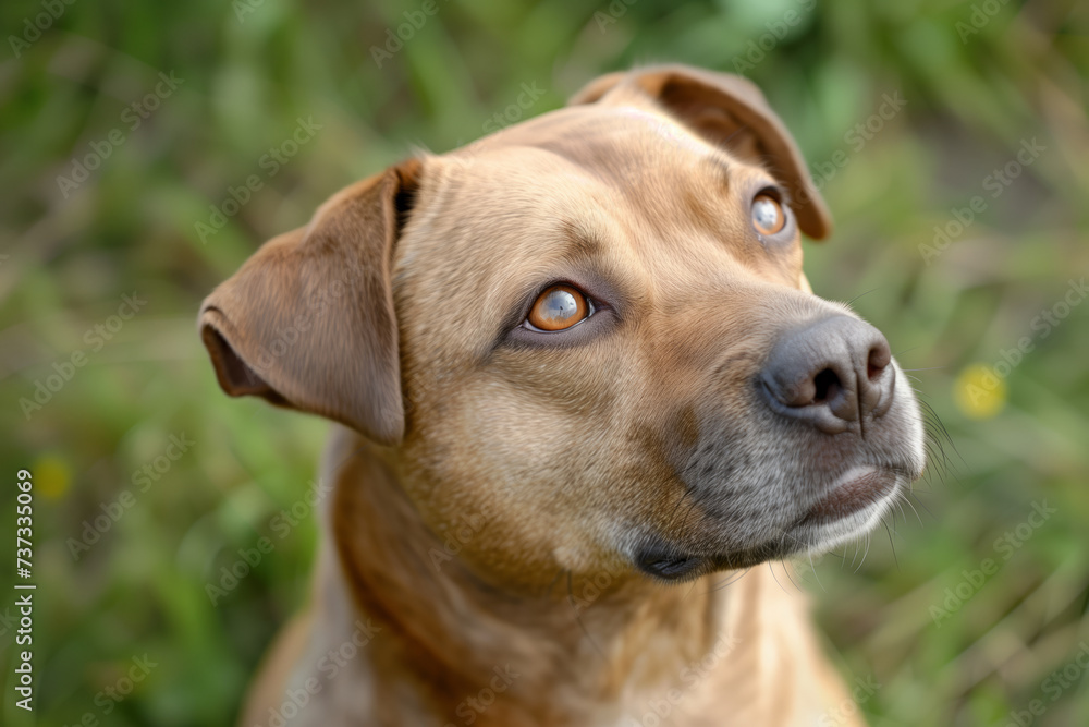 A brown dog looking up, right side
