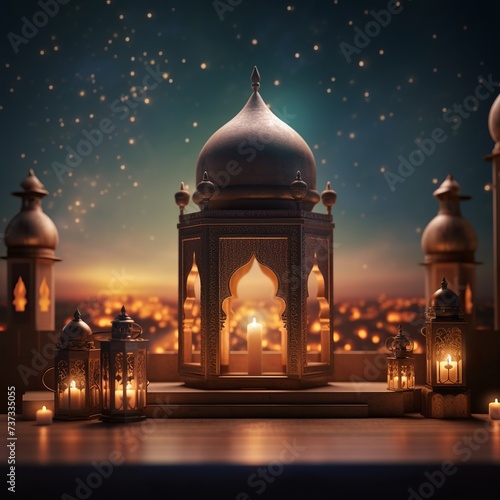 illustration of ramadan kareem greeting card no text octane render, Generative ai