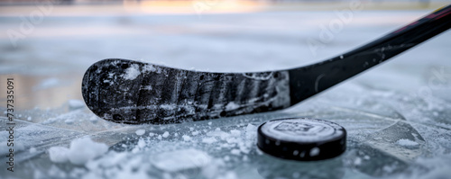 A black hockey stick and rubber puck rest on the smooth ice surface, poised for action against a pristine, icy background. photo