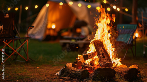 A campfire flickers in the dark of the night, casting a warm glow and creating a cozy atmosphere for outdoor gatherings and storytelling under the stars.