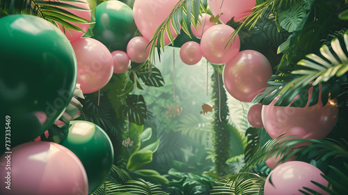 arco com balões rosa e verdes tema aniversário de menina plantas tropicais photo