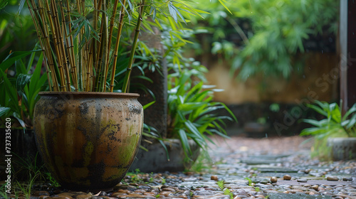Antigo pote de barro Moringa, com bambu no jardim
